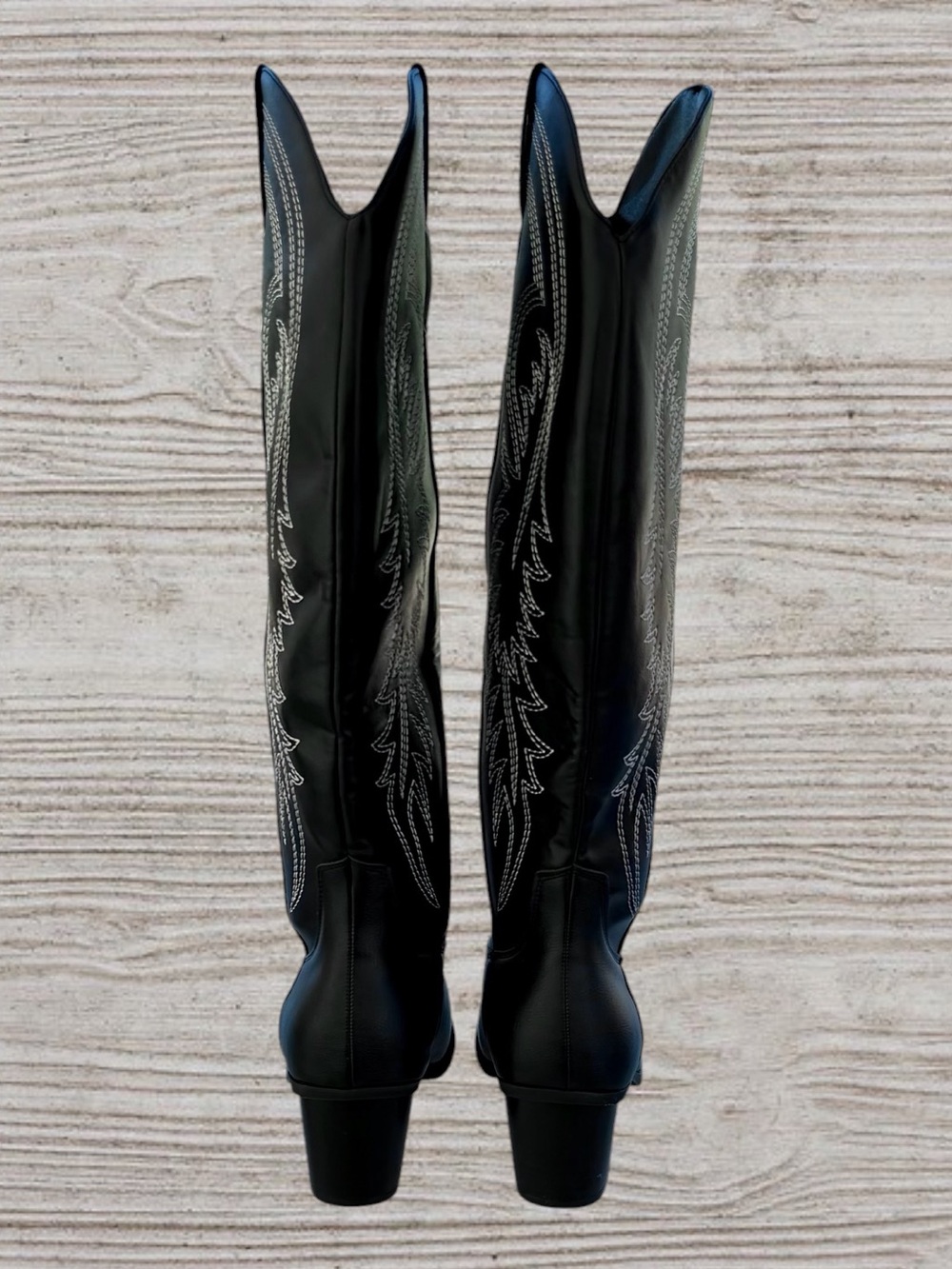 SHEIN Black Faux Leather Embroidered Flame/Leaf Knee-High Western Boots CN40/8 - Picture 4 of 9